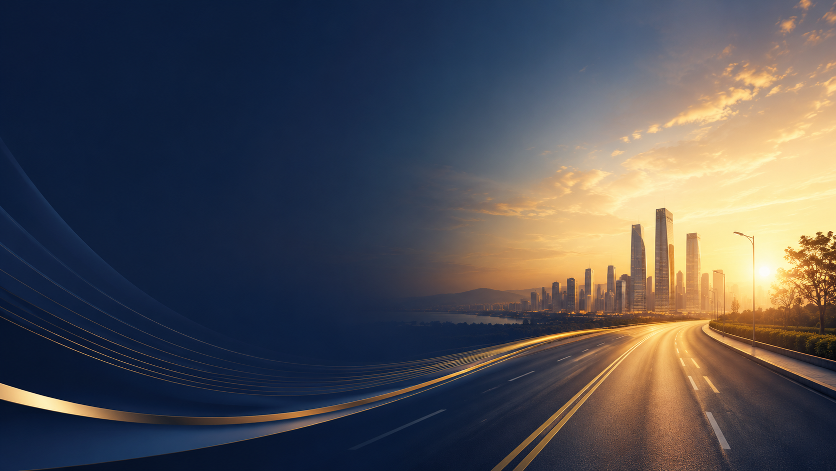 Cinematic boulevard leading toward a skyline at sunrise